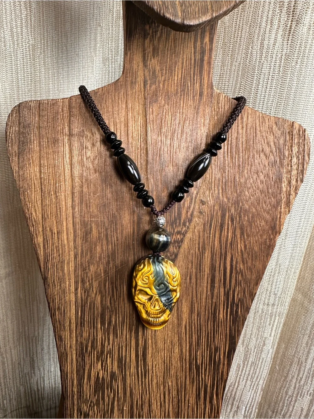 Tiger’s Eye Skull Pendant Necklace on Brown Adjustable Rope